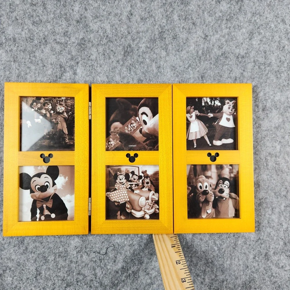 Disney Parks Mickey Mouse Triple Picture Frame Yellow 6 Photo Folding Decor Home